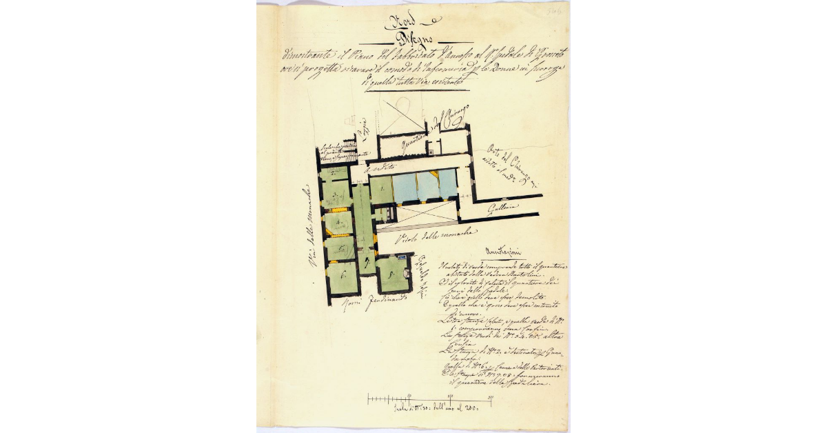 Disegno dimostrante il Piano del fabbricato d'annesso al R. Spedale di Grosseto ove si progetta di ricavare il corridoio di infermeria per le Donne in surroga di quella tuttavia esistente