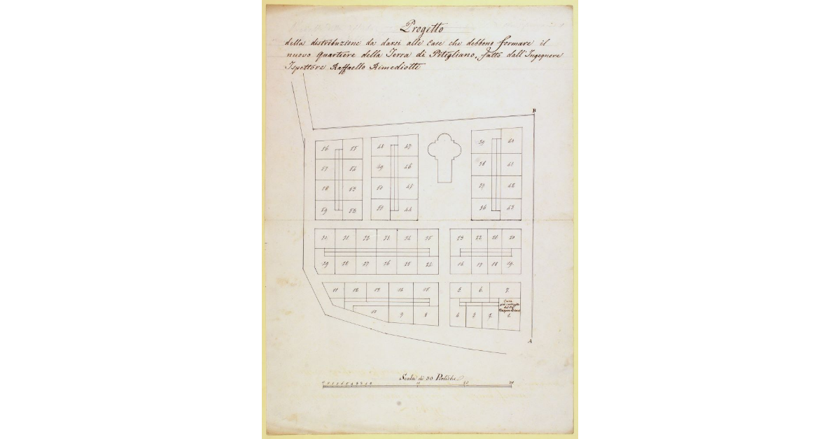 Progetto della distribuzione da darsi alle case che debbono formare il nuovo quartiere della terra di Pitigliano, fatto dall'Ingegnere Ispettore Raffaello Rimediotti
