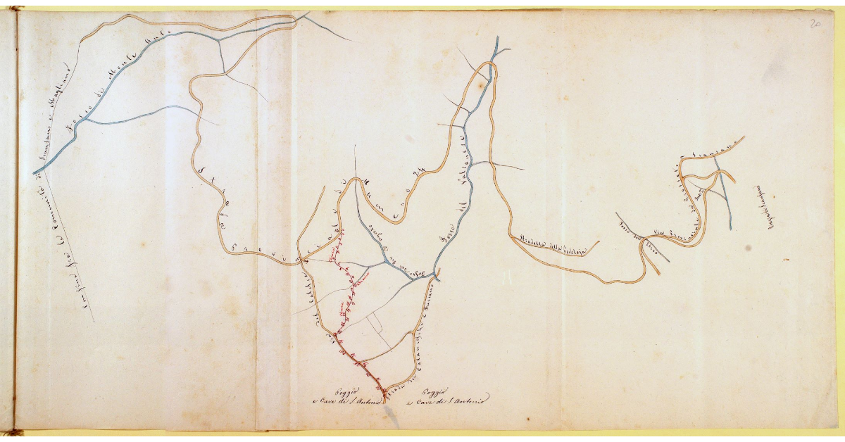 [Pianta del tratto della strada provinciale n° 24 che va dal confine con la comunità Magliano fino alla piazza di Scansano, e del braccio di strada da aprirsi al paletto n°114 come deviazione della via del Calesse, verso le cave di sant'Antonio]