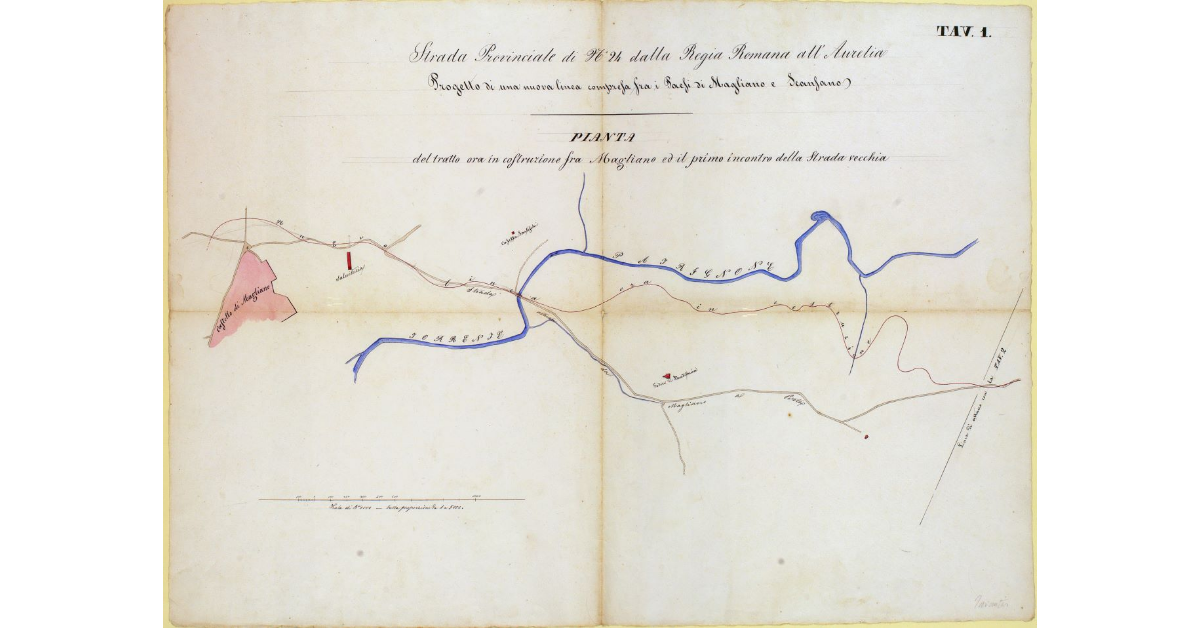Strada Provinciale di n° 24 dalla Regia Romana all'Aurelia. Progetto di una nuova linea compresa fra i paesi di Magliano Scansano. Pianta del tratto ora in costruzione fra Magliano ed il primo incontro della Strada vecchia