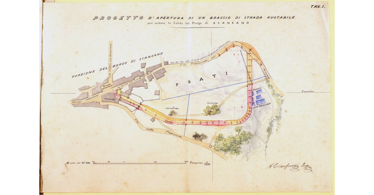 Progetto d'apertura di un braccio di strada ruotabile per evitare la Salita del Borgo di Scansano