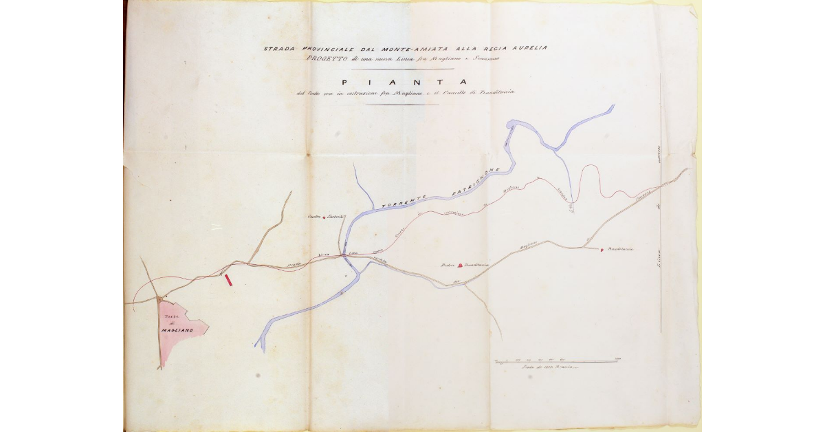 Strada provinciale dal Monte-Amiata alla Regia Aurelia. Progetto di una nuova Linea fra Magliano e Scansano. Pianta del tratto ora in costruzione fra Magliano e il Cancello di Banditaccia