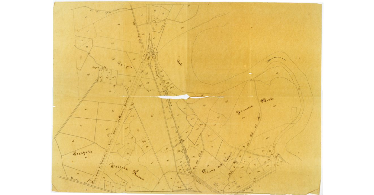 [Pianta dell'area attraversata dal primo canale di derivazione d'Ombrone e dal secondo canale diversivo, con particelle catastali]