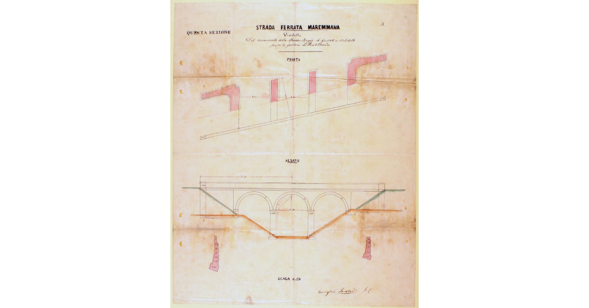 Strada Ferrata Maremmana. Viadotto del deviamento della Strada Regia di Grosseto a Orbetello presso la Galleria di Fonteblanda