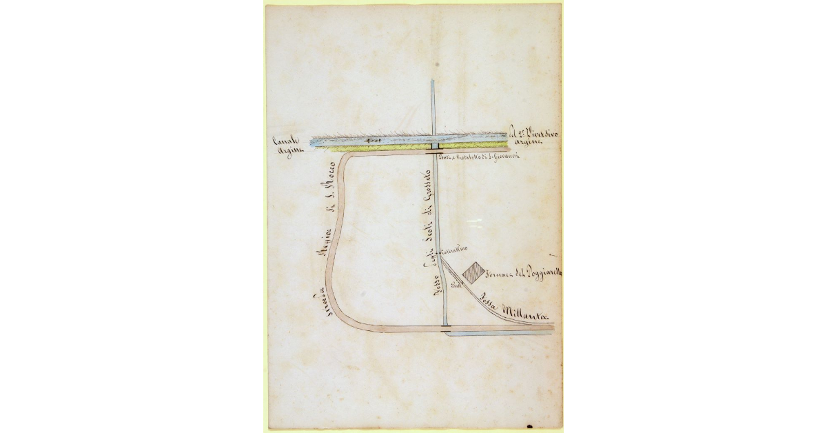 [Pianta di un tratto del Fosso degli Scoli e del fosso Millanta in prossimità della fornace di Poggiarello, con l'indicazione di un tratto della strada regia di San Rocco e del 2° Diversivo d'Ombrone]