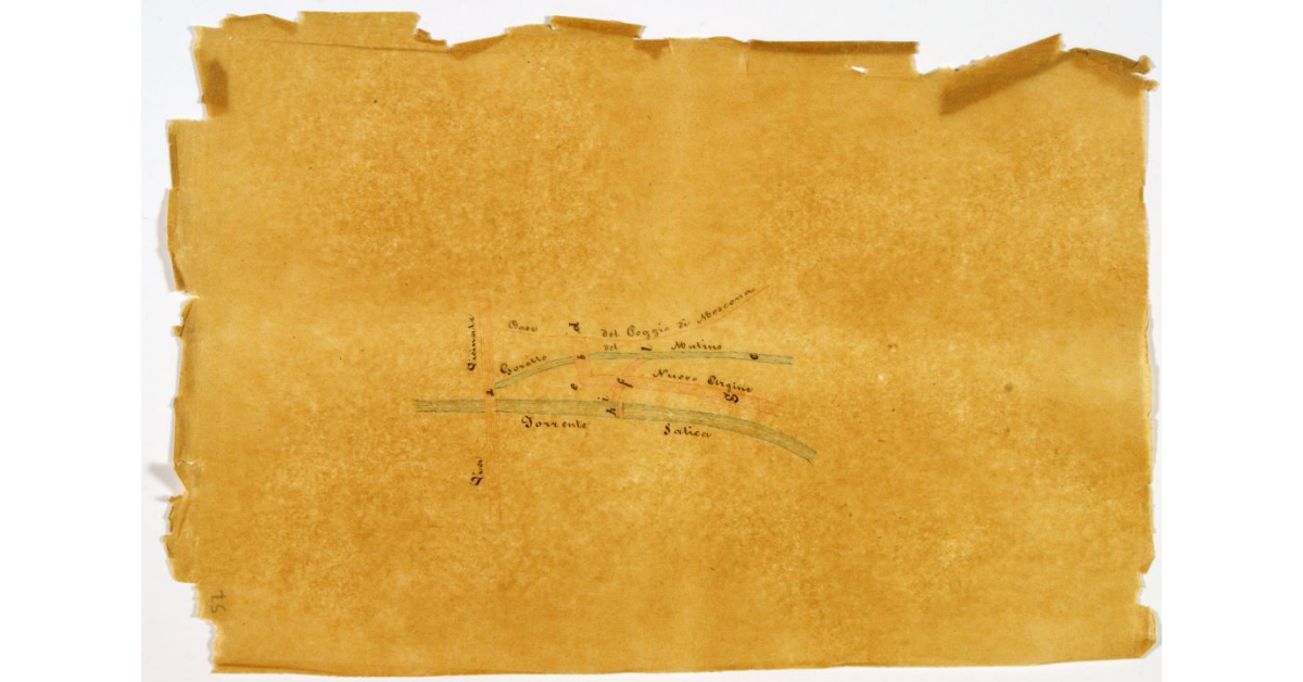 [Pianta raffigurante l'andamento del torrente Salica in prossimità di Poggio Moscona, con l'indicazione del nuovo argine costruito superiormente alla via Regia grossetana]