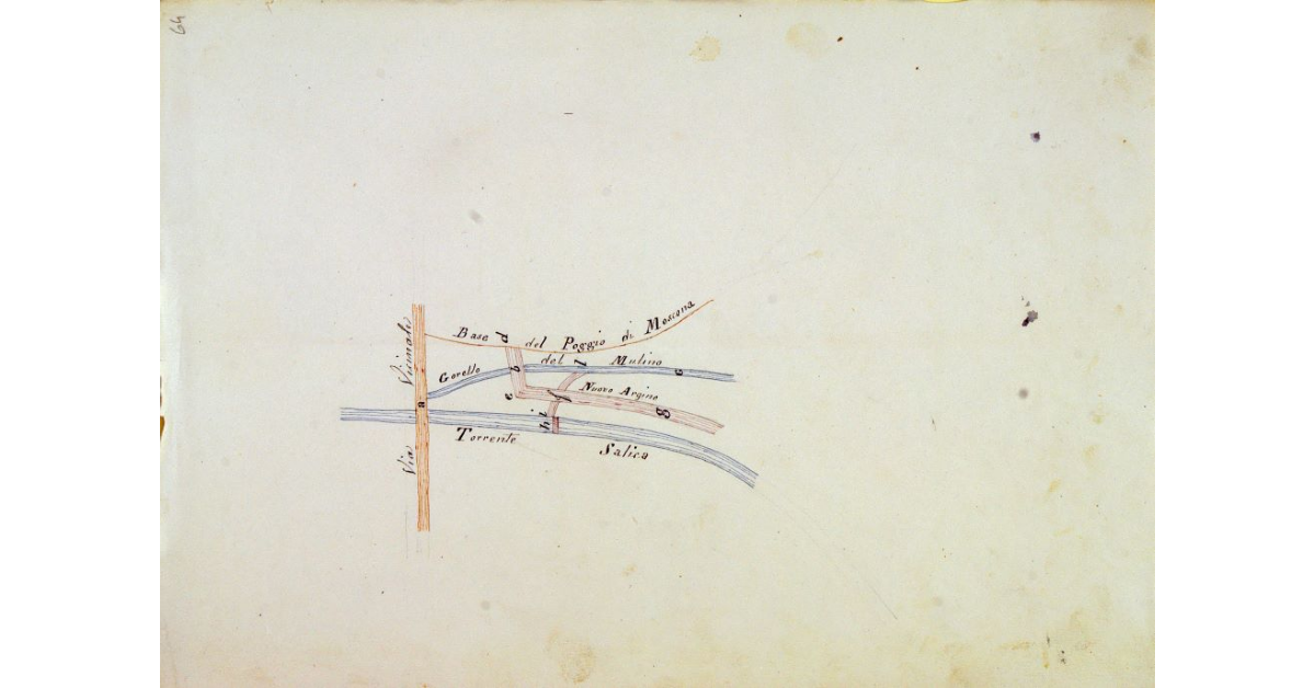 [Pianta raffigurante l'andamento del torrente Salica in prossimità di Poggio Moscona, con l'indicazione del nuovo argine costruito superiormente alla via Regia grossetana]