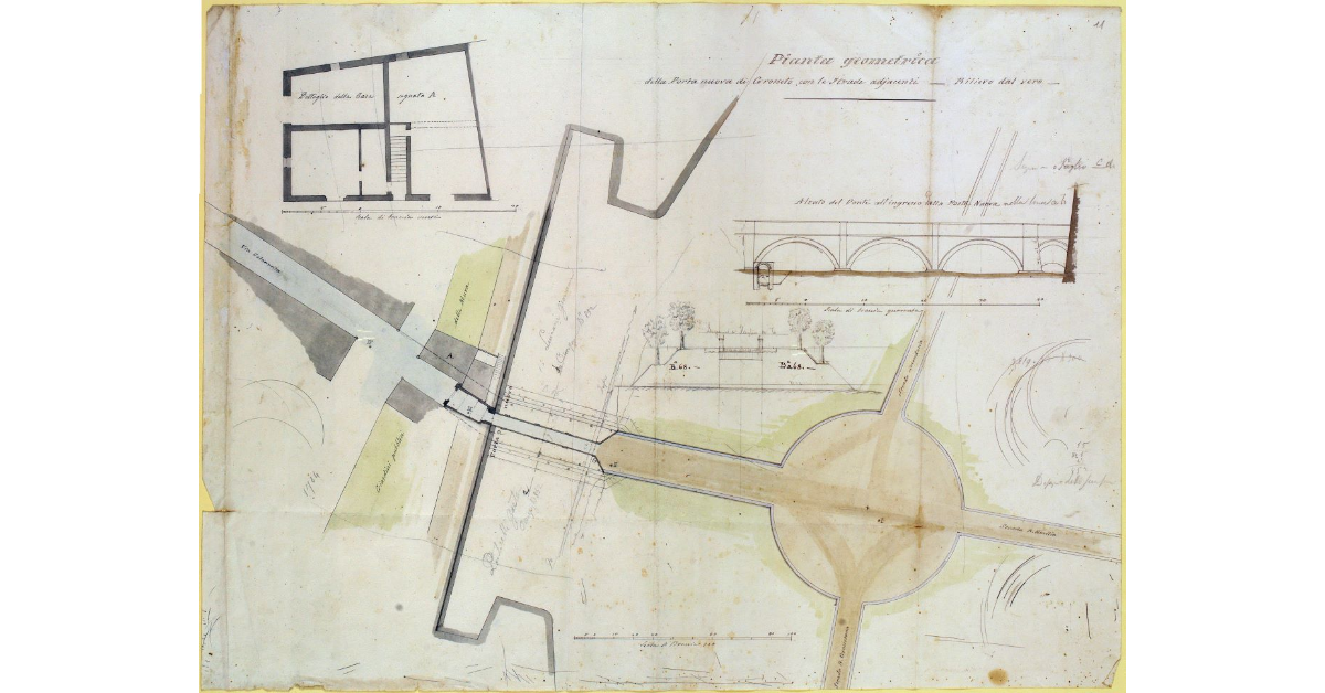Pianta geometrica della Porta nuova di Grosseto con le strade adjacenti. Rilievo dal vero