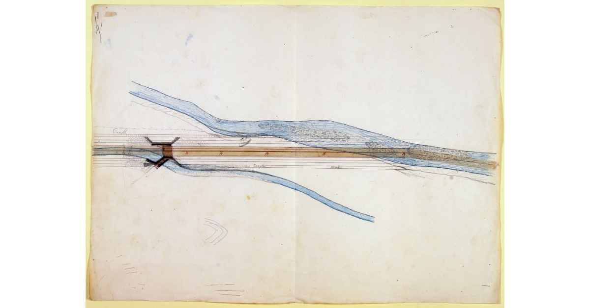 [Pianta dei torrenti Patrignone e Butterino con l'indicazione del canale da costruirsi per metterli in collegamento e della soglia della cateratta da costruirsi al paletto 14]