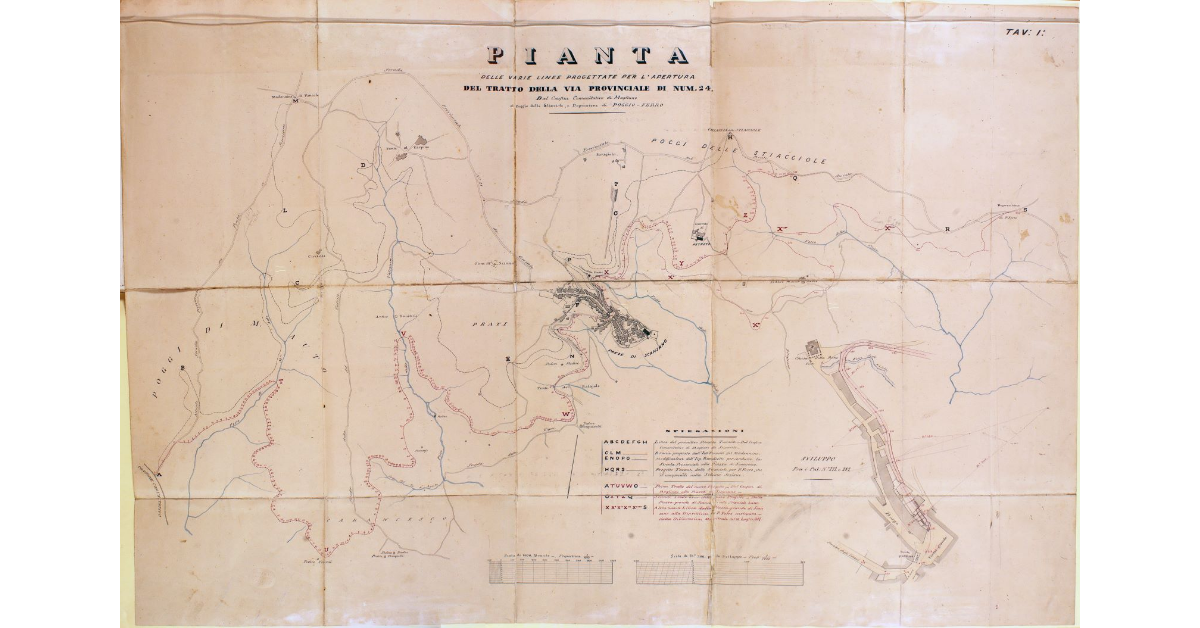 Pianta delle varie linee progettate per l'apertura del tratto della via provinciale di num. 24 dal confine Comunitativo di Magliano al poggio delle Stiacciole, e Depressione di Poggio-Ferro
