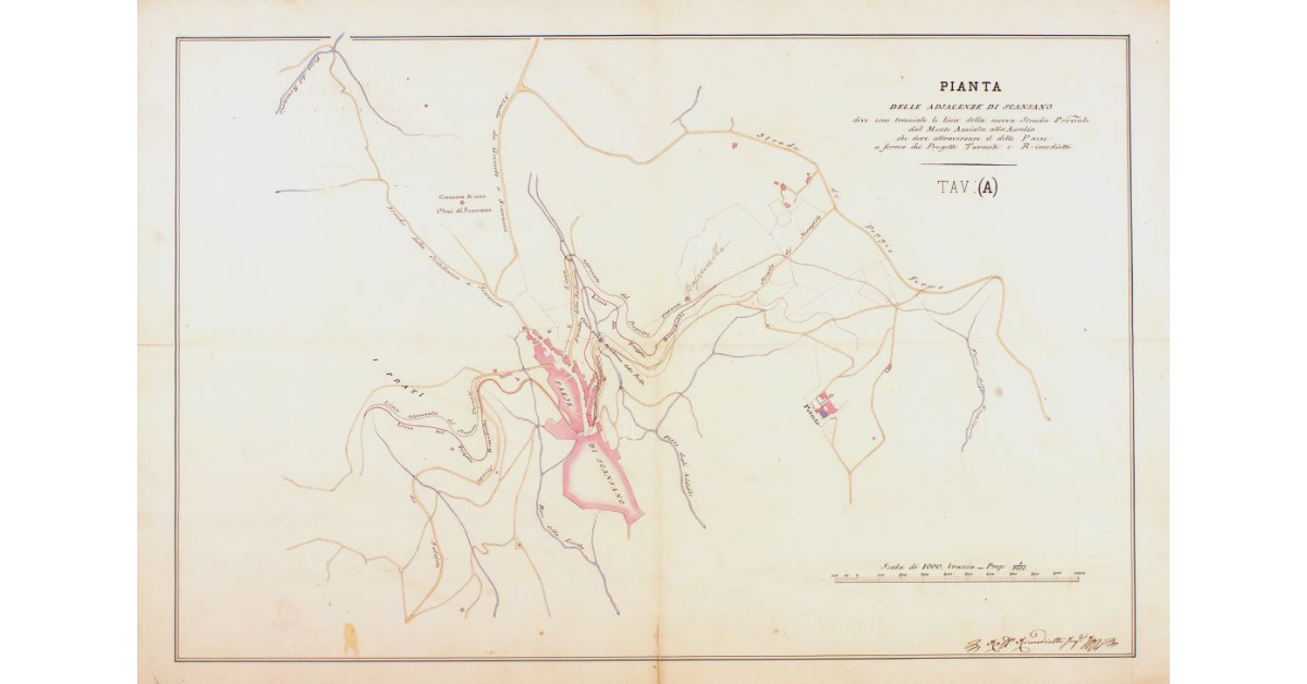 Pianta delle adjacenze di Scansano dove sono tracciate le linee della nuova Strada Provinciale dal Monte Amiata alla Aurelia che deve attraversare il detto Paese a forma dei Progetti Tavanti e Rimediotti