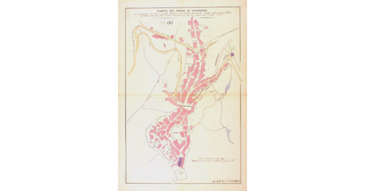Pianta del Paese di Scansano con l'indicazione dei diversi progetti Tavanti e del progetto Rimediotti relativi alla Strada Provinciale dal Monte-Amiata alla Aurelia nei punti in cui deve attraversare il detto Paese