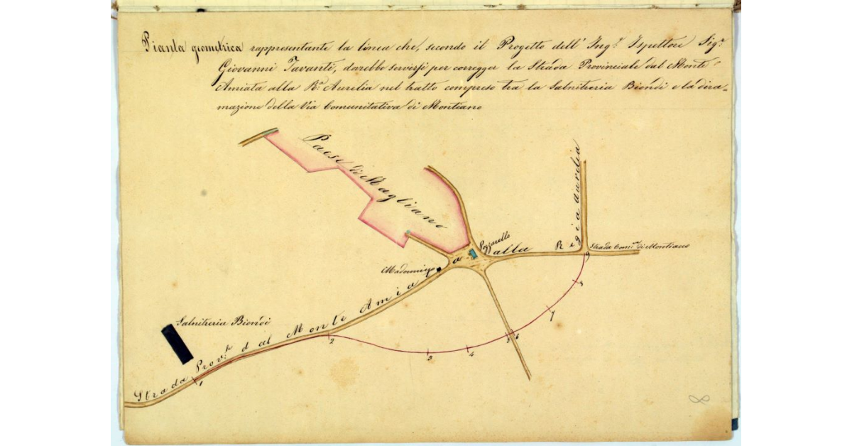 Pianta geometrica rappresentante la linea che, secondo il Progetto dell'Ing. Ispettore Sig. Giovanni Tavanti, dovrebbe servirsi per correggere la Strada Provinciale dal Monte Amiata alla Rª Aurelia nel tratto compreso tra la Salnitreria Biondi e la diramazione della Via Comunitativa di Montiano