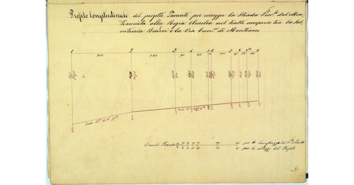 Profilo longitudinale del progetto Tavanti per correggere la Strada Prov.le dal Monteamiata alla Regia Aurelia nel tratto Compreso tra la Salnitreria Biondi e la via Com.va di Montiano
