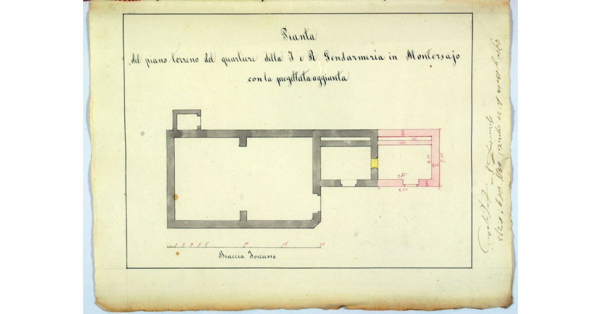 Pianta del piano terreno del quartiere della I. e R. Gendarmeria in Montorsaio con la progettata aggiunta