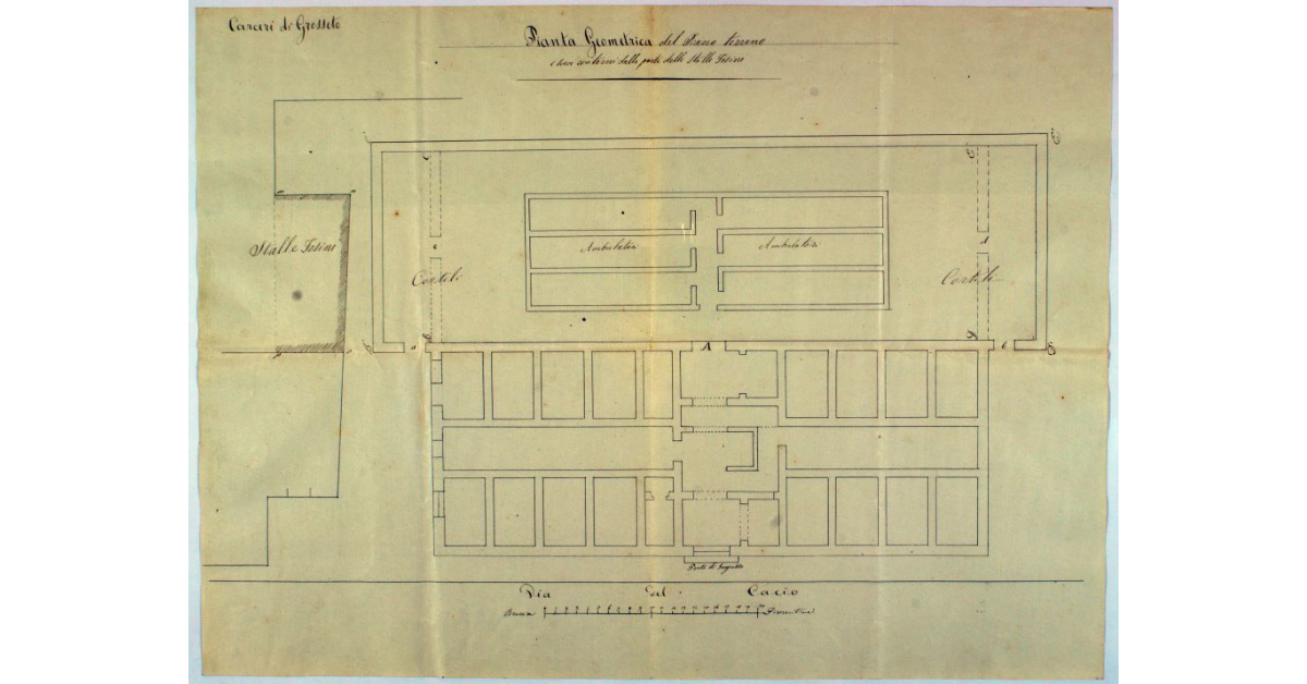 Carceri di Grosseto. Pianta Geometrica del Piano terreno e suoi contorni dalla parte delle Stalle Tosini