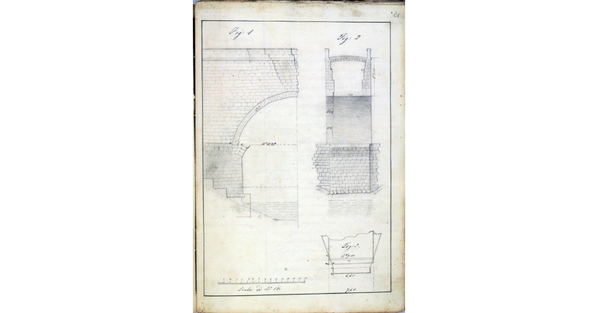 [Alzato e sezione di un ponte rovinato sul fiume Fiora]