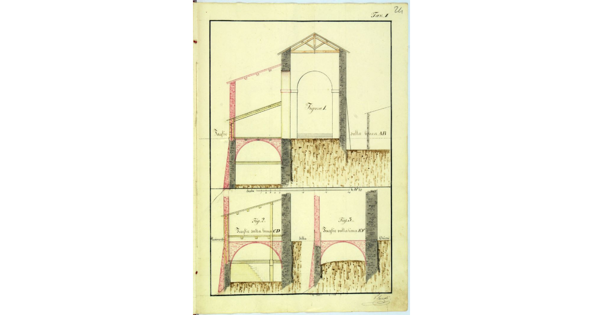 [Rappresentazione dei tagli della Chiesa di Castell'Azzara lungo le linee AB, CD ed EF]