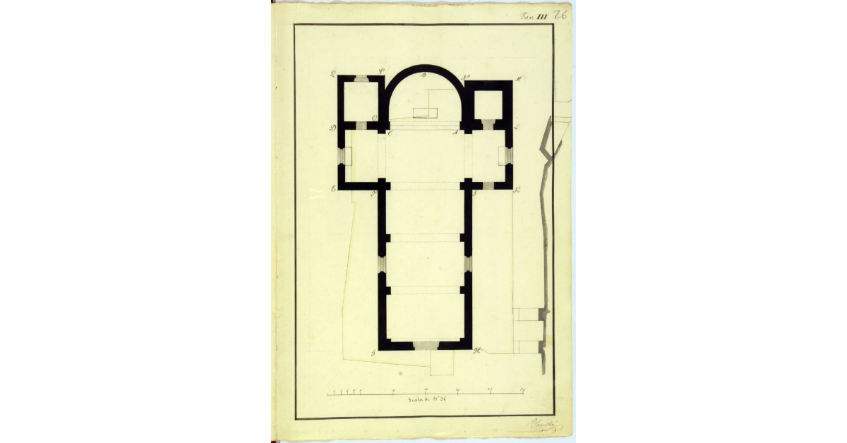 [Pianta della nuova chiesa di Castell'Azzara, con l'indicazione del perimentro dell'edificio della canonica e della chiesa da demolire]