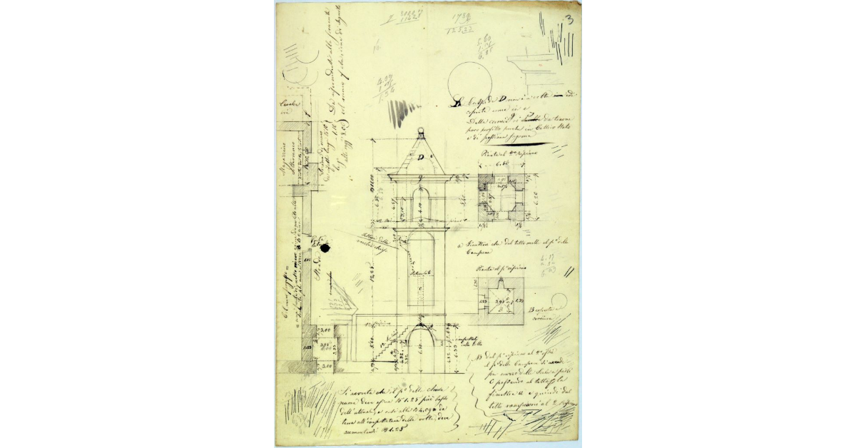 [Alzato del campanile della chiesa di Castellazzara e pianta del primo e del secondo piano]