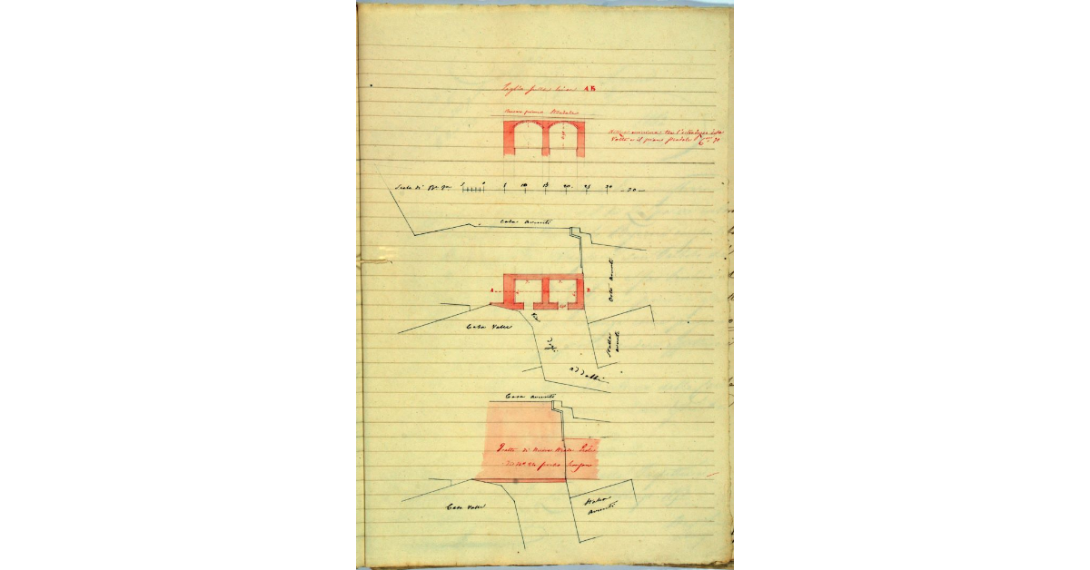 [Pianta e alzato di due cantine da costruirsi sotto la provinciale n° 24, in prossimità della via degli Addobbi; pianta del tratto di strada sotto cui si intende costruire]