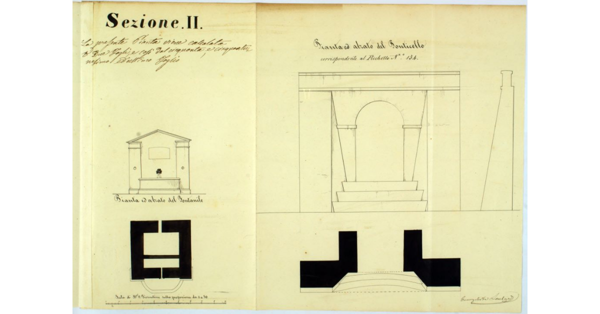 Sezione II. Pianta e alzato del Ponticello corrispondente al Picchetto N° 154. Pianta e alzato del fontanile