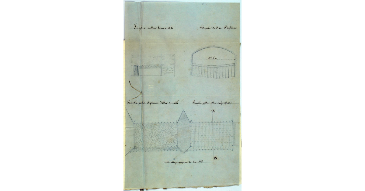 [Disegni relativi alla struttura del ponte sul torrente Lanzo: alzato della platea, taglio sulla linea AB, la pianta fatta al piano dello smalto e pianta fatta alla superficie del ponte]