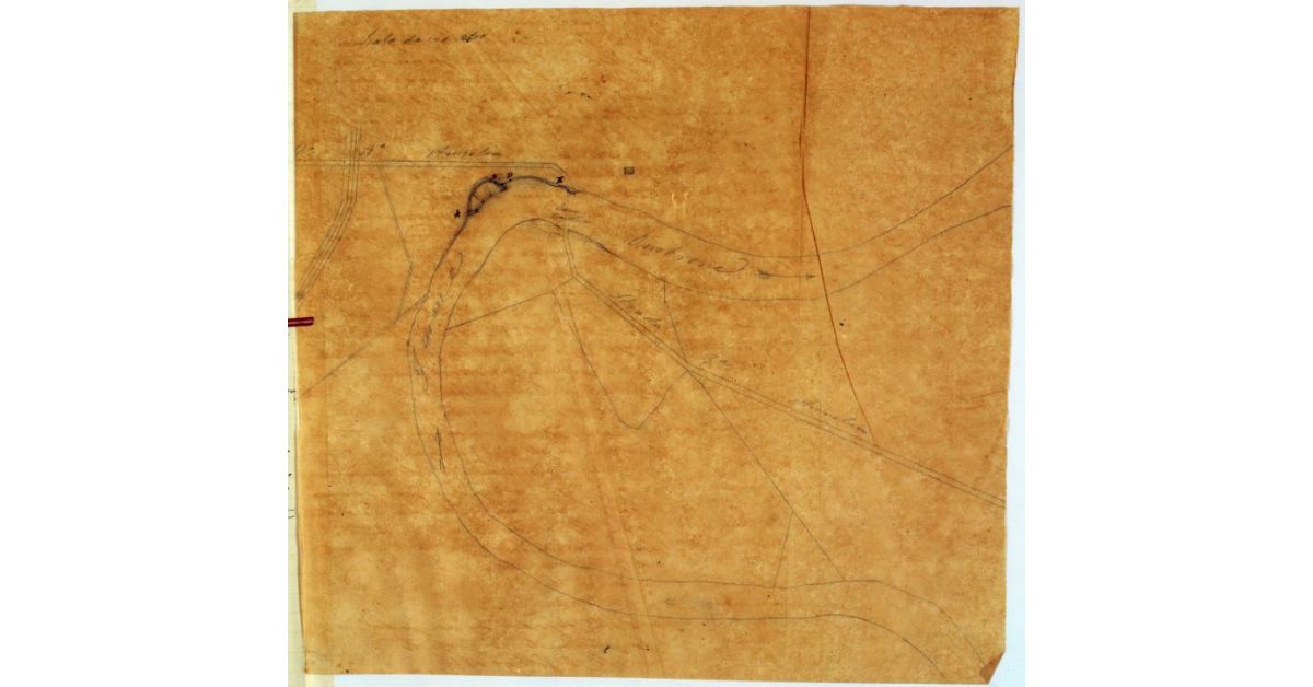 [Pianta indicante l'andamento di un tratto danneggiato del fiume Ombrone e del tratto di Aurelia, che attraversa il fiume mediante la barca traiettizia]