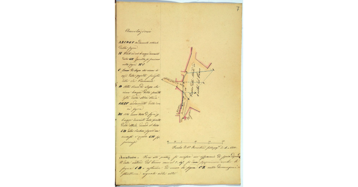 [Pianta della piazza delle Storte di Castel del Piano, con l'indicazione dell'andamento delle fogne]