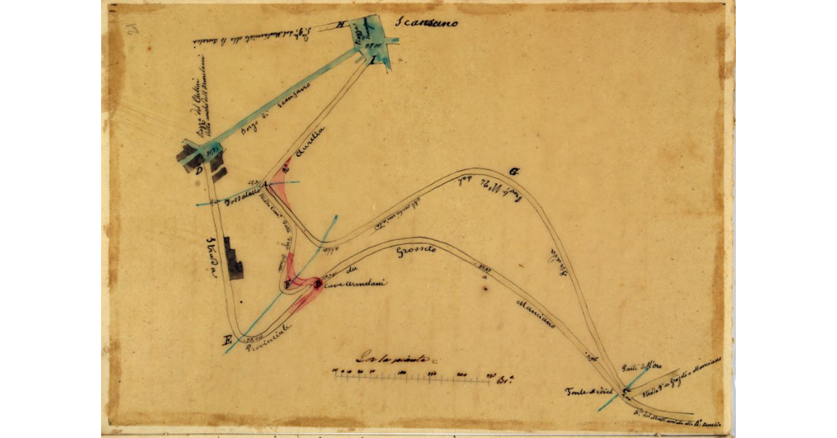 [Pianta indicante l'andamento della strada degli Ortacci e delle provinciali n° 23 e n° 24, nel tratto compreso rispettivamente fra la piazza Armelani e il ponte dell'Oro e la piazza di Scansano ed il ponte medesimo]