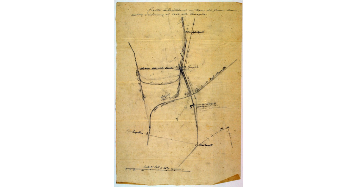 Pianta indicante l'andamento di un tronco del fiume Bruna nella zona superiore e inferiore al Vado alle Tanaglie