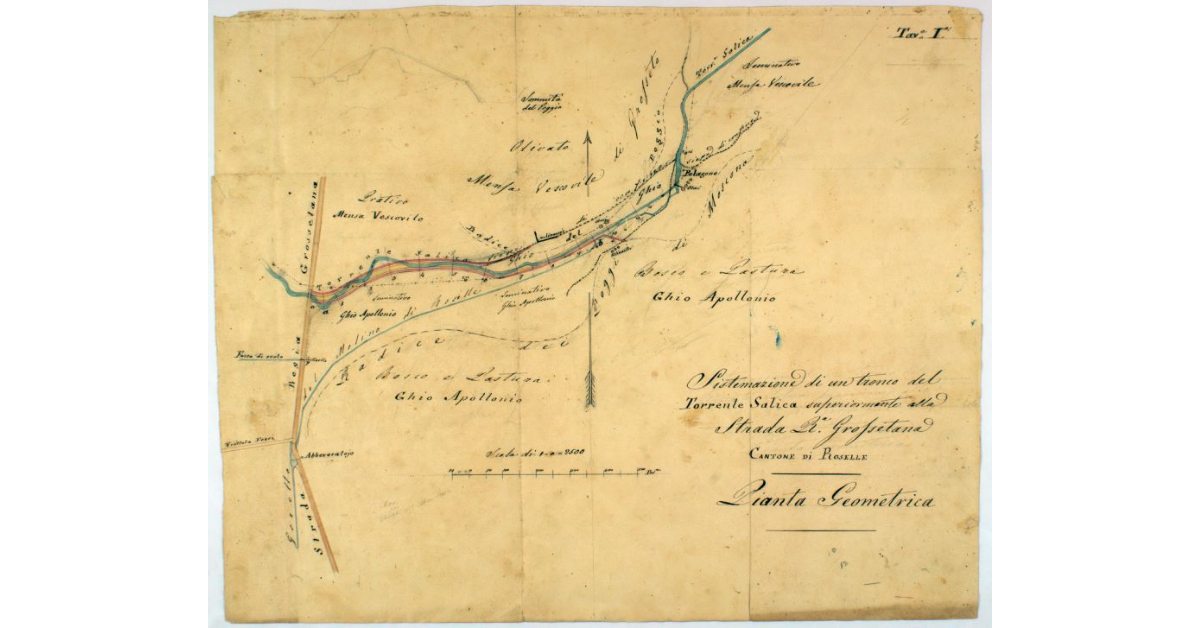 Sistemazione di un tronco del torrente Salica superiormente alla Strada Rª. Grossetana. Cantone di Roselle. Pianta Geometrica