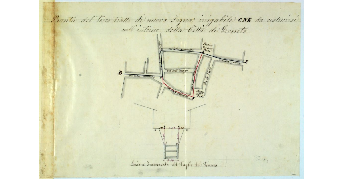 Pianta del terzo tratto di nuova Fogna irrigabile CNE da costruirsi nell'interno della Città di Grosseto