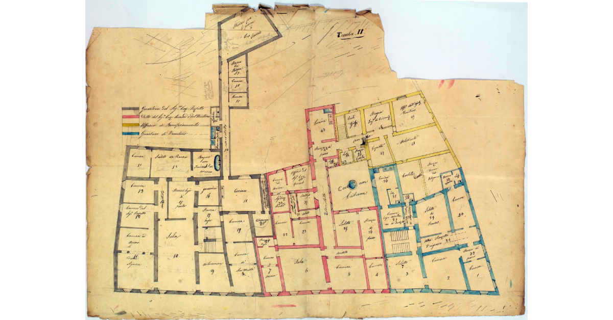 [Pianta dell'intero stabile con l'indicazione delle stanze che lo occupano al primo piano]