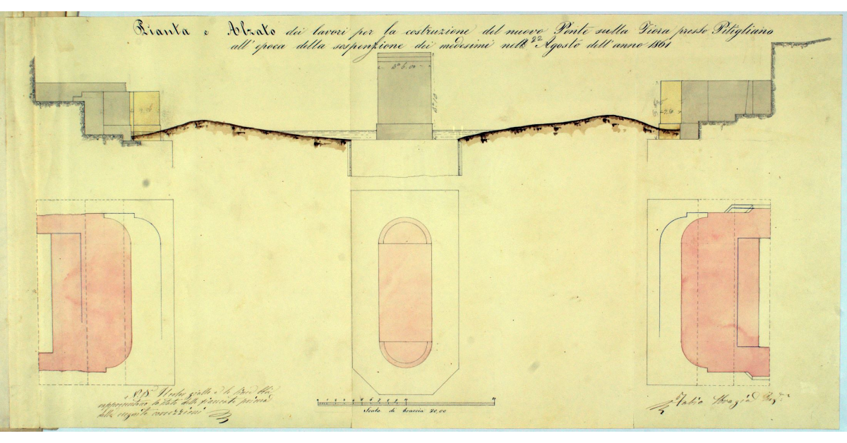 Pianta e Alzato dei lavori per la costruzione del nuovo ponte sulla Fiora presso Pitigliano all'epoca della sospensione dei medesimi nel 22 Agosto dell'anno 1861