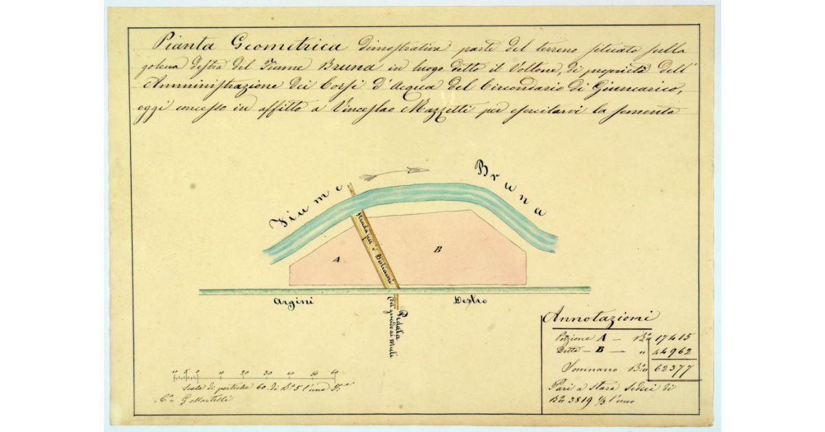 Pianta Geometrica dimostrativa parte del terreno situato sulla golena destra del Fiume Bruna in luogo detto il Voltone, di proprietà dell'Amministrazione dei Corsi d'acqua del Circondario di Giuncarico, oggi concesso in affitto a Vinceslao Mazzetti per esercitare la sementa