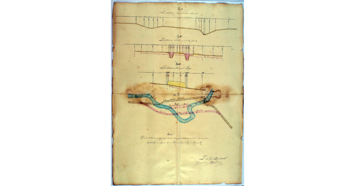 [Pianta rappresentativa dell'andamento del fosso della Sgrilla, con l'indicazione della correzione che deve esservi apportata, del tracciato della strada attuale e quello del nuovo tratto da costruirsi]