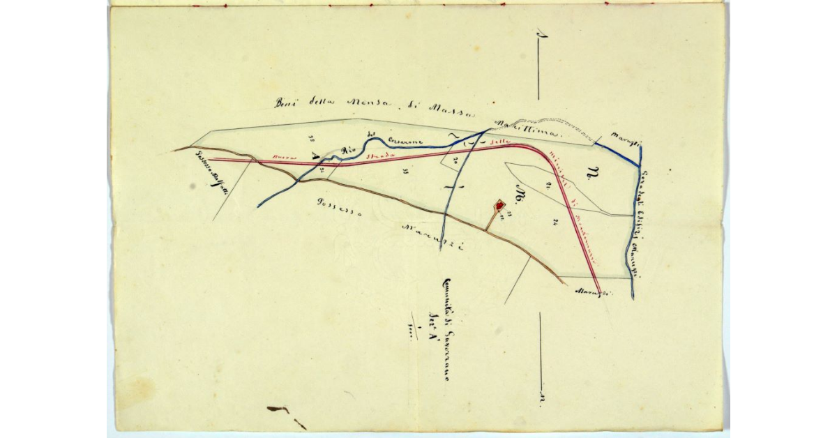 [Pianta dei terreni appartenenti alla famiglia Caramassi attraversati dalla nuova strada delle miniere carbonifere]