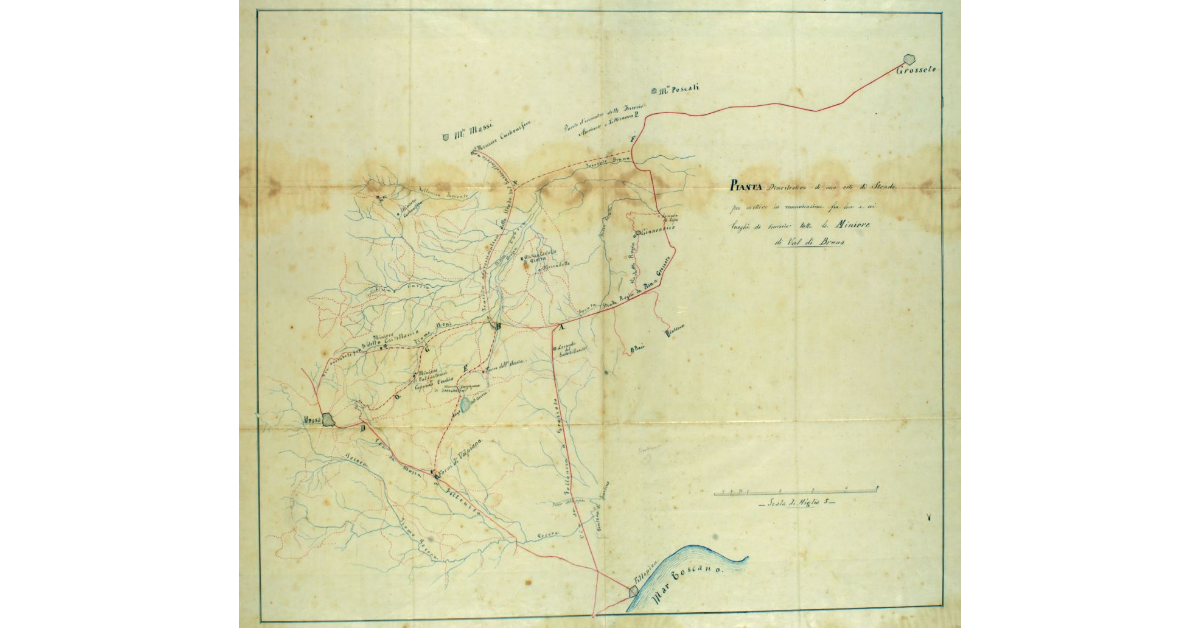 Pianta Dimostrativa di una rete di strade per mettere in comunicazione fra loro e coi luoghi di smercio tutte le Miniere di Val di Bruna