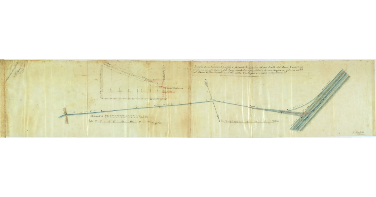 Tavola dimostrativa il profilo e la pianta Geometrica di un tratto del Fosso Carpiano e di un nuovo tronco del Fosso medesimo per guidare le sue Acque a fluire entro il Fosso Allacciante anziché nella controfossa ove scola attualmente