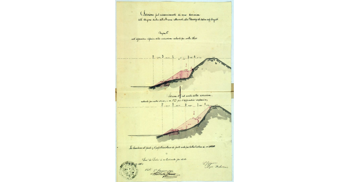Sezioni pel risarcimento di una corrosione dell'argine destro della Bruna sottocorrente alla Steccaja del Mulino degli Acquisti