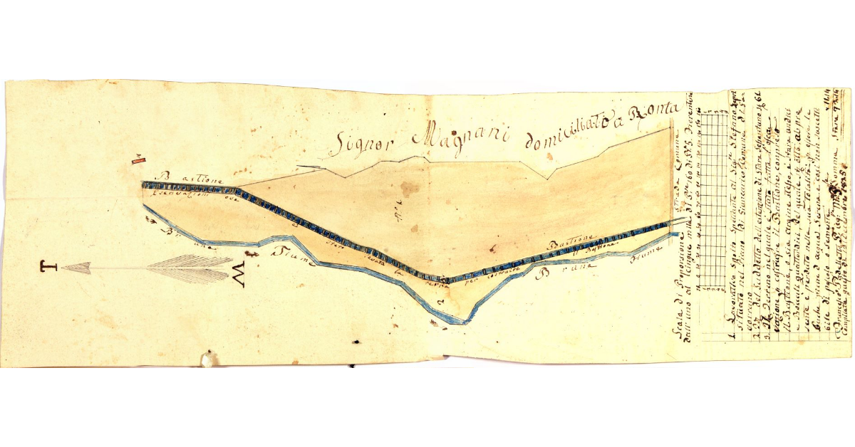 [Pianta di un nuovo tronco di argine costruito a sinistra del fiume Bruna in luogo detto Le Prate, nel terreno di proprietà del sig. Lepri]