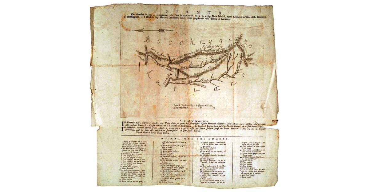 Pianta che dimostra le linee di confinazione che sono in controversia tra sua eminenza il signor duca Salviati, come livellario de' beni della comunità di Boccheggiano, e l'Illustrissimo signor marchese Alessandro Chigi, come proprietario della tenuta di Luriano