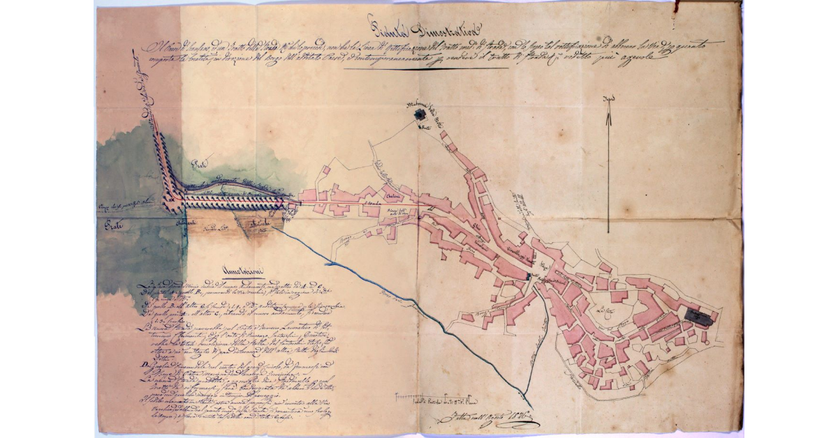 Pianta Dimostrativa Il Paese di Scansano ed un Tratto della Strada R. che lo precede, non che la Linea di rettificazione del Tratto med. di strada, con lo scopo tal rettificazione di abboccar la Via per quanto comporta la località, in direzione del Borgo dell'additato Paese, e contemporaneamente per rendere il tratto di Strada R. ridetto più agevole