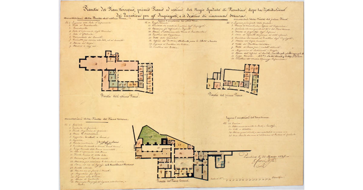 Pianta del Pian terreno, primo Piano ed ultimo del Regio Spedale di Piombino, dopo la distribuzione dei Quartieri per gl'Impiegati, e il destino di ciascuna stanza