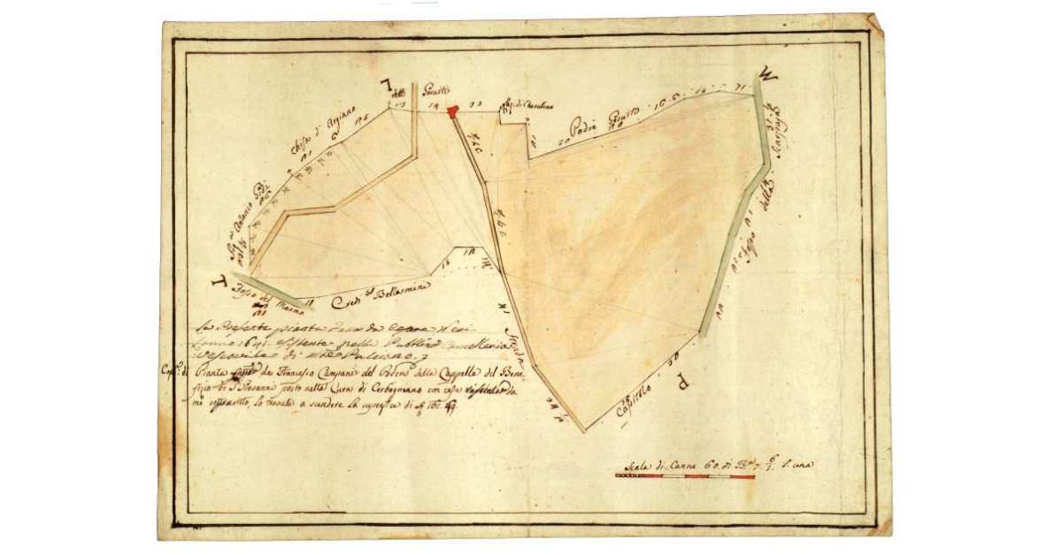 Pianta fatta da Francesco Campani del podere della Cappella del Benefizio di San Giovanni posto nella Cura di Cerbogniano con casa
