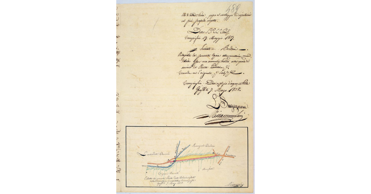 [Pianta del tratto di strada comunitativa, che formava parte dell'Antica Pisana, in prossimità del nuovo ponte sul torrente Rio Merdancio, presso Suvereto]