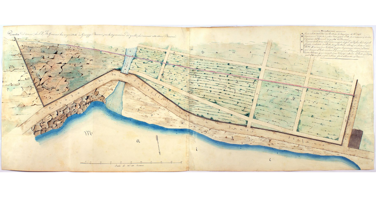 Pianta del terreno, che l'I. e R. Governo ha acquistato da Giuseppe Bausani, con la separazione di quello, che rimane allo stesso Bausani