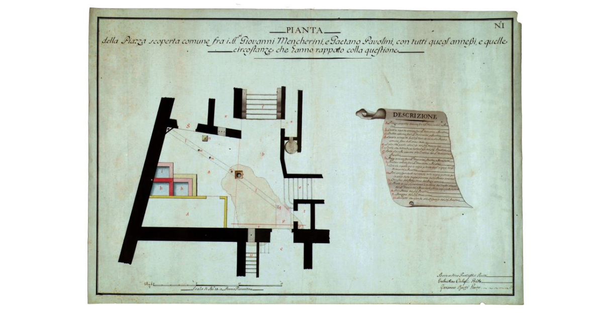 Pianta della Piazza scoperta comune fra i signori Giovanni Mencherini e Gaetano Pavolini con tutti quegl'annessi e quelle circostanze che hanno rapporto colla questione