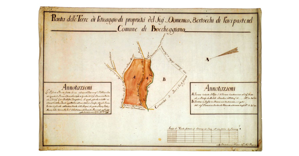 Pianta delle Terre di Reticaggio di proprietà del signor Domenico Bertocchi di Ravi poste nel Comune di Boccheggiano